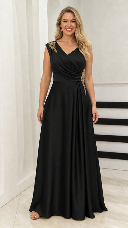 Model wearing black V-neck evening dress