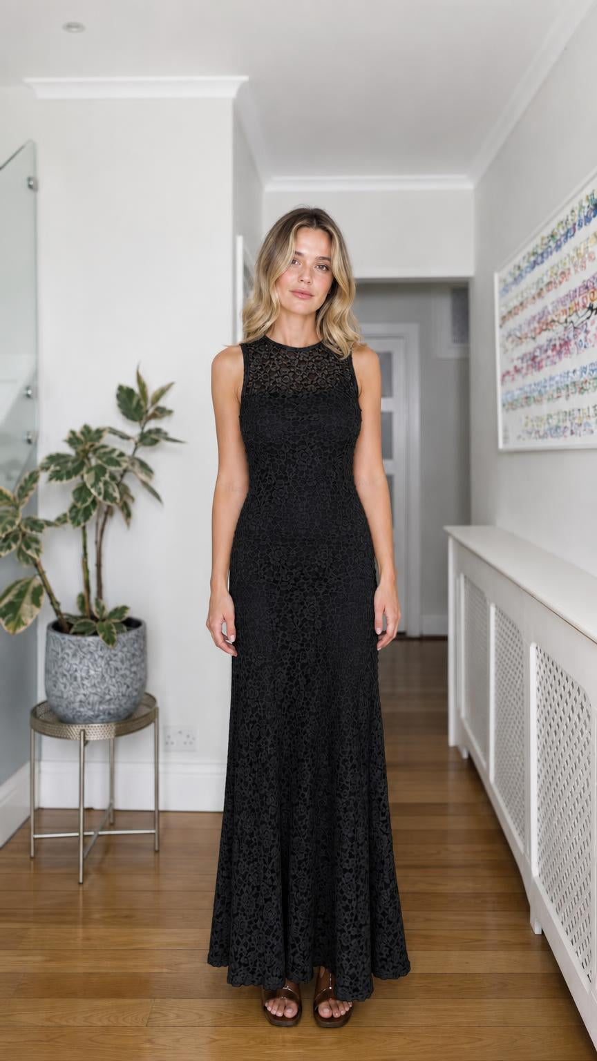 Front view of black lace maxi dress