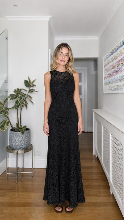 Front view of black lace maxi dress