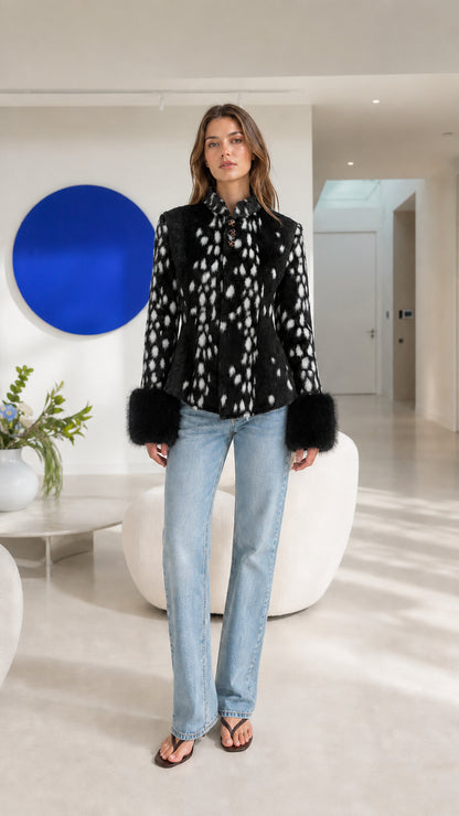 Model wearing black faux fur fawn-print jacket