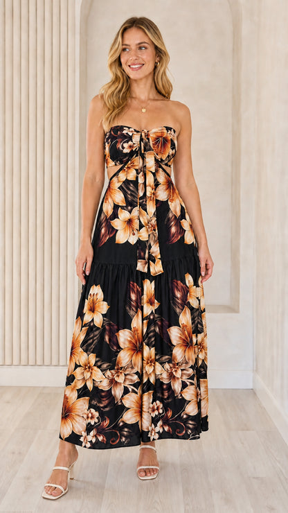 Front view of black floral strapless maxi dress