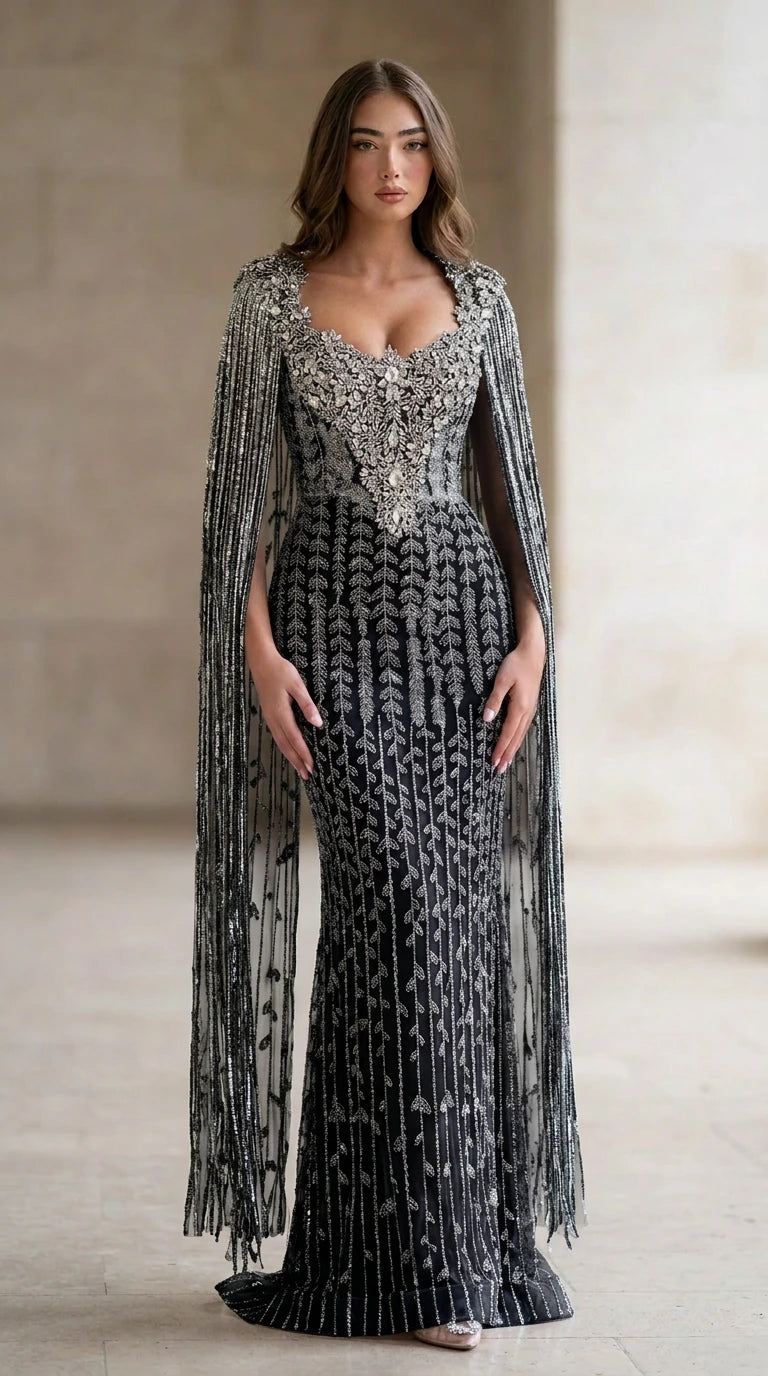 Front view of black color variant with silver beadwork