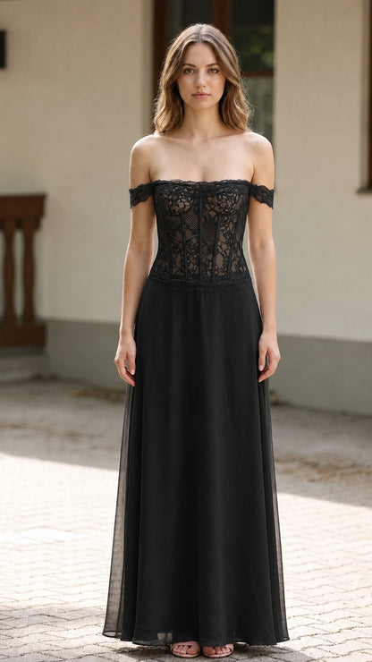 Front full-length view of elegant black off-the-shoulder lace corset maxi dress
