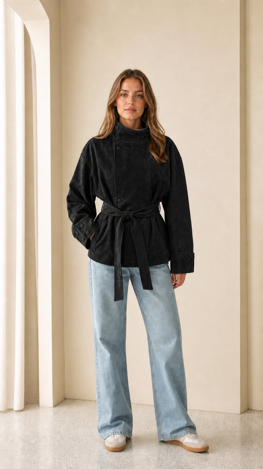 Woman wearing black faux suede belted jacket