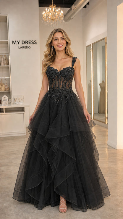 Front view of black tulle ball gown