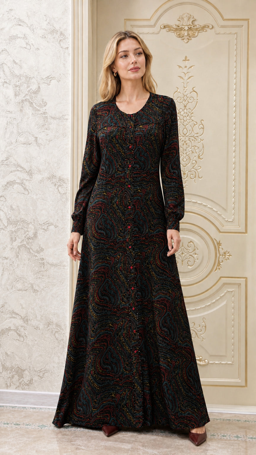Front view of model wearing black multi swirl print long sleeve maxi dress