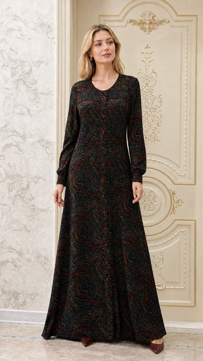 Front view of model wearing black multi swirl print long sleeve maxi dress