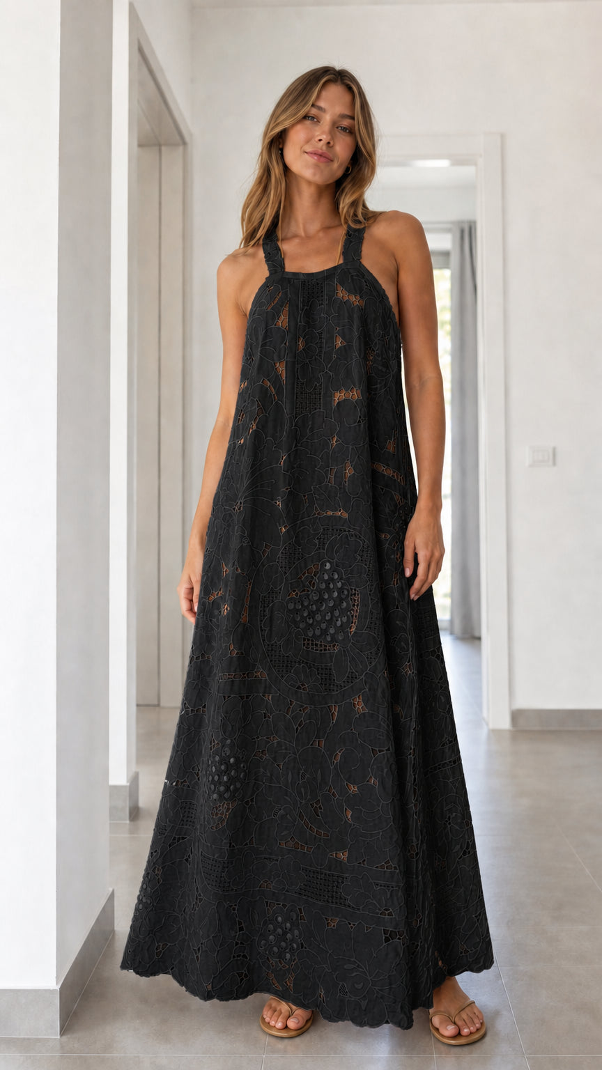 Front view of black eyelet lace maxi dress