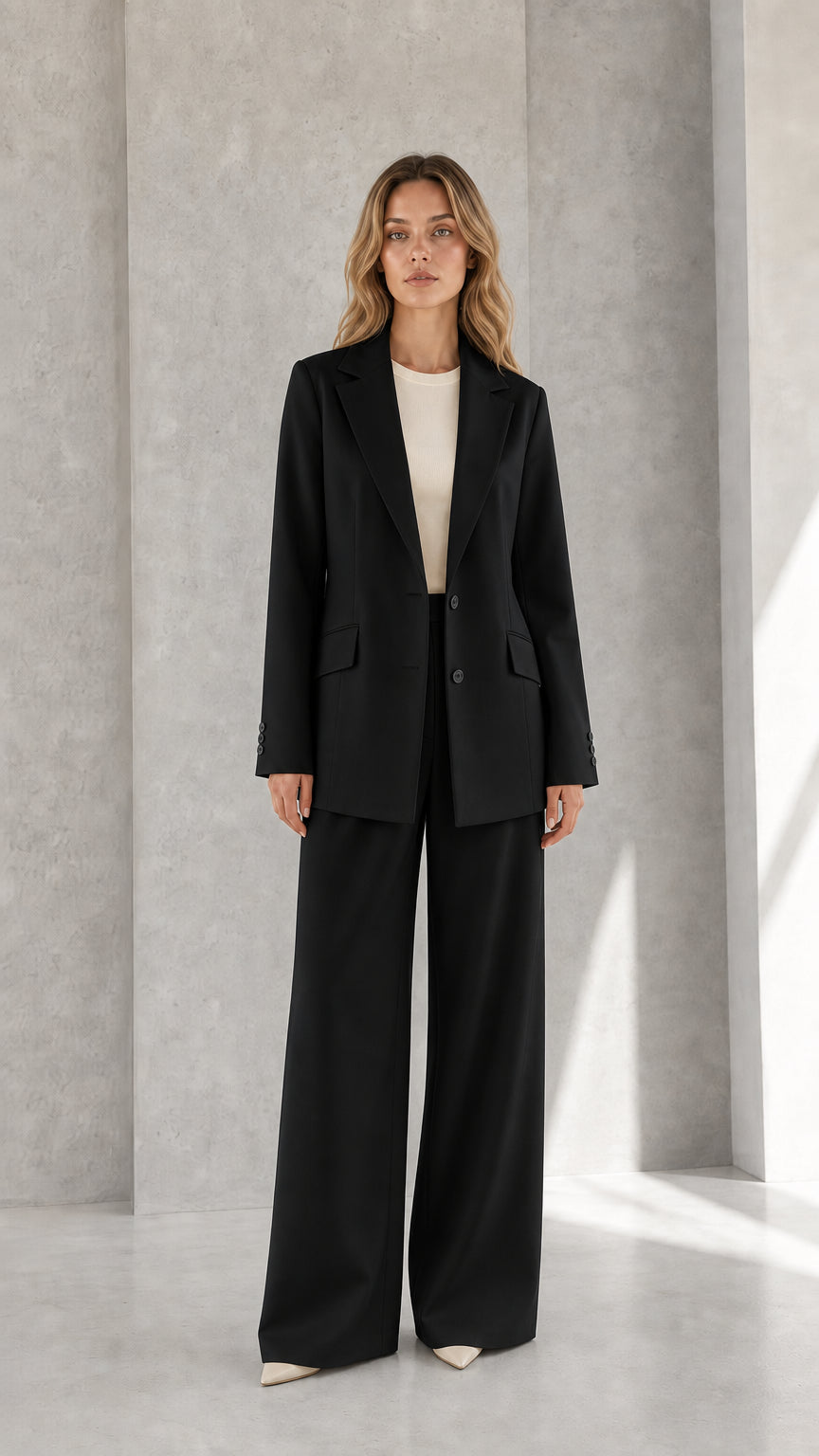Woman wearing black tailored single-breasted blazer and wide-leg pants suit set