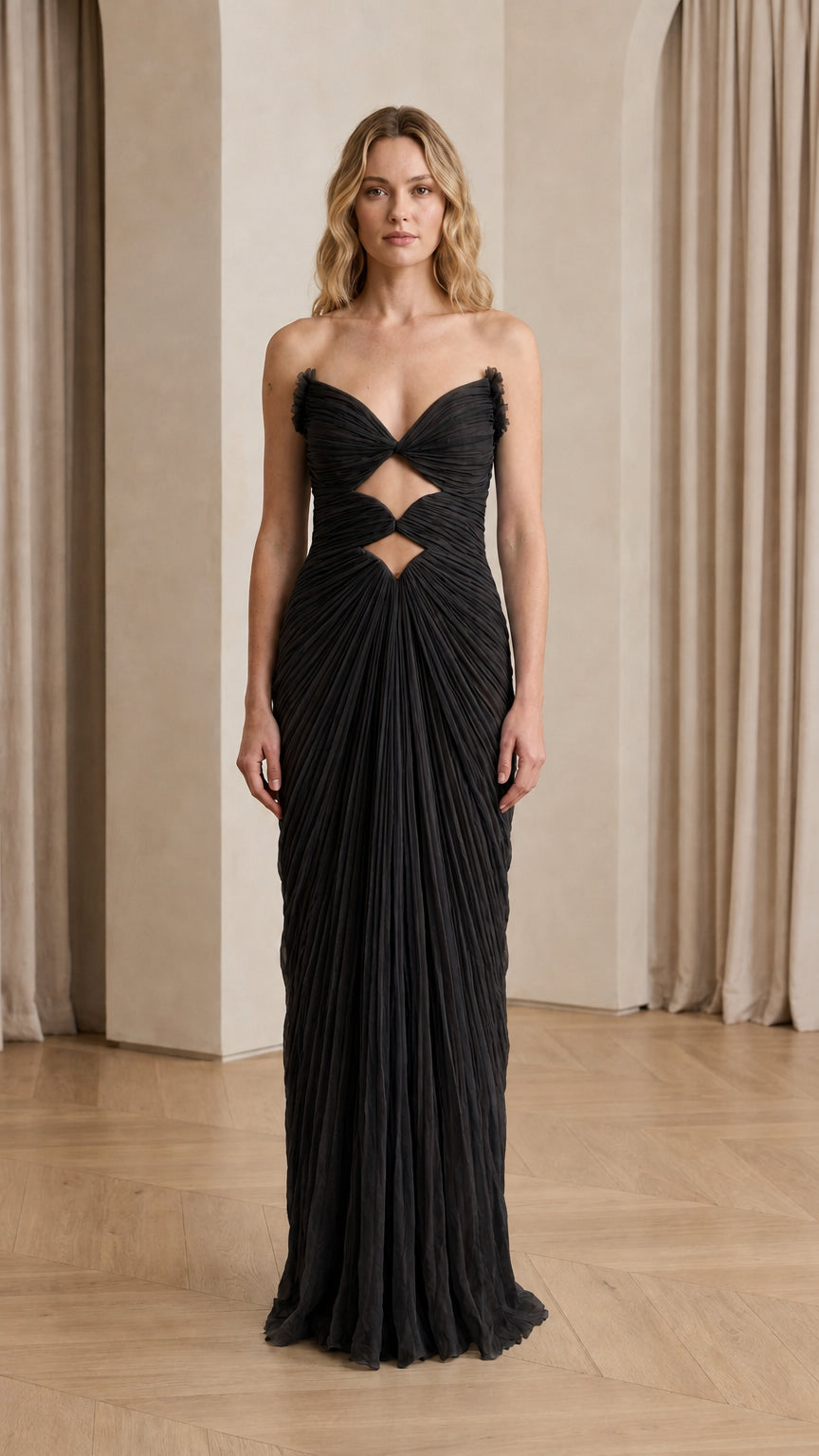 Front view of Black cutout pleated evening dress