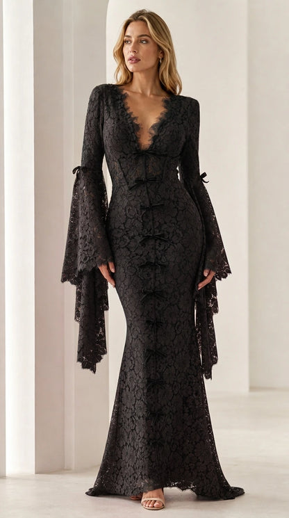 Model wearing black lace maxi dress