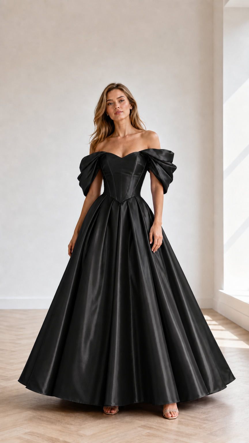 Black off-shoulder satin-look ball gown shown from the front
