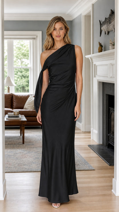 Front view of black one-shoulder ruched satin maxi dress