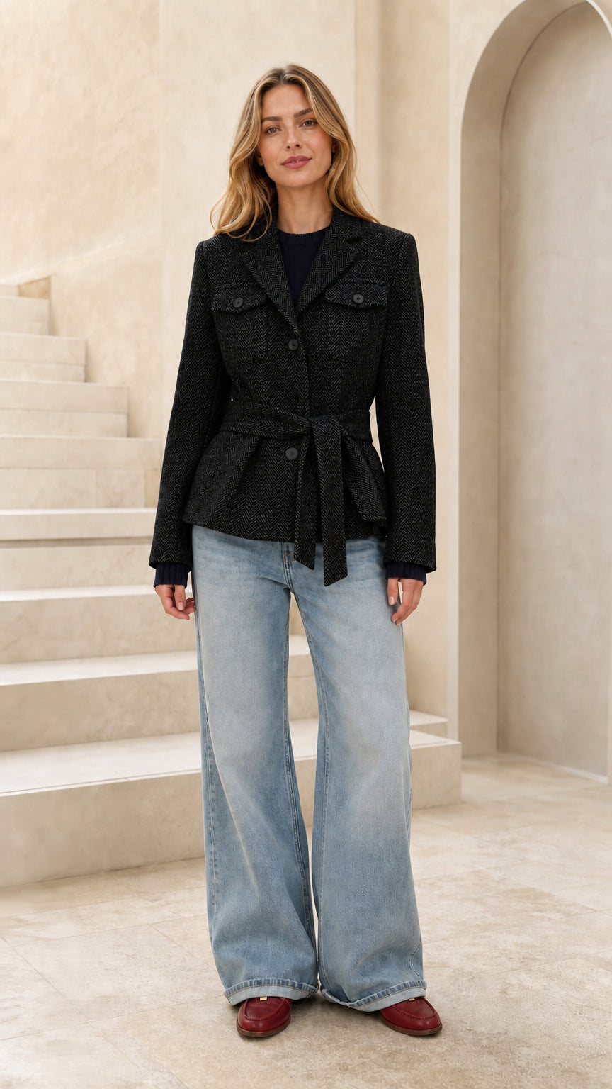 Front view of woman wearing black herringbone belted blazer jacket