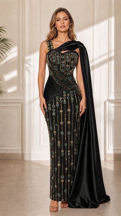 Front view of black color variant with matching satin cape