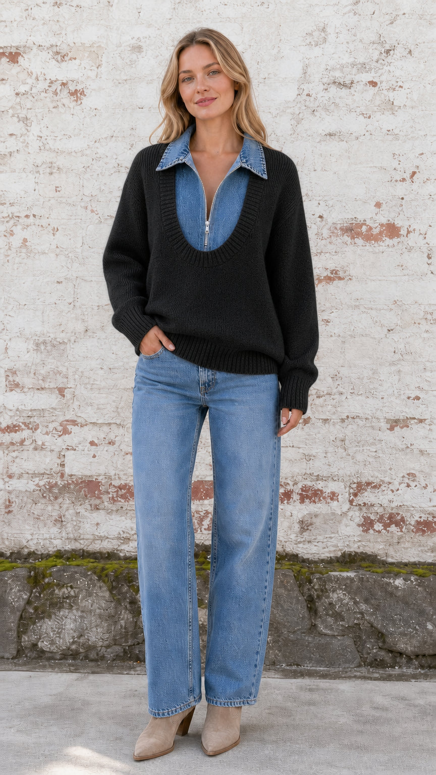 Model wearing black 2-in-1 knit sweater with denim collared insert