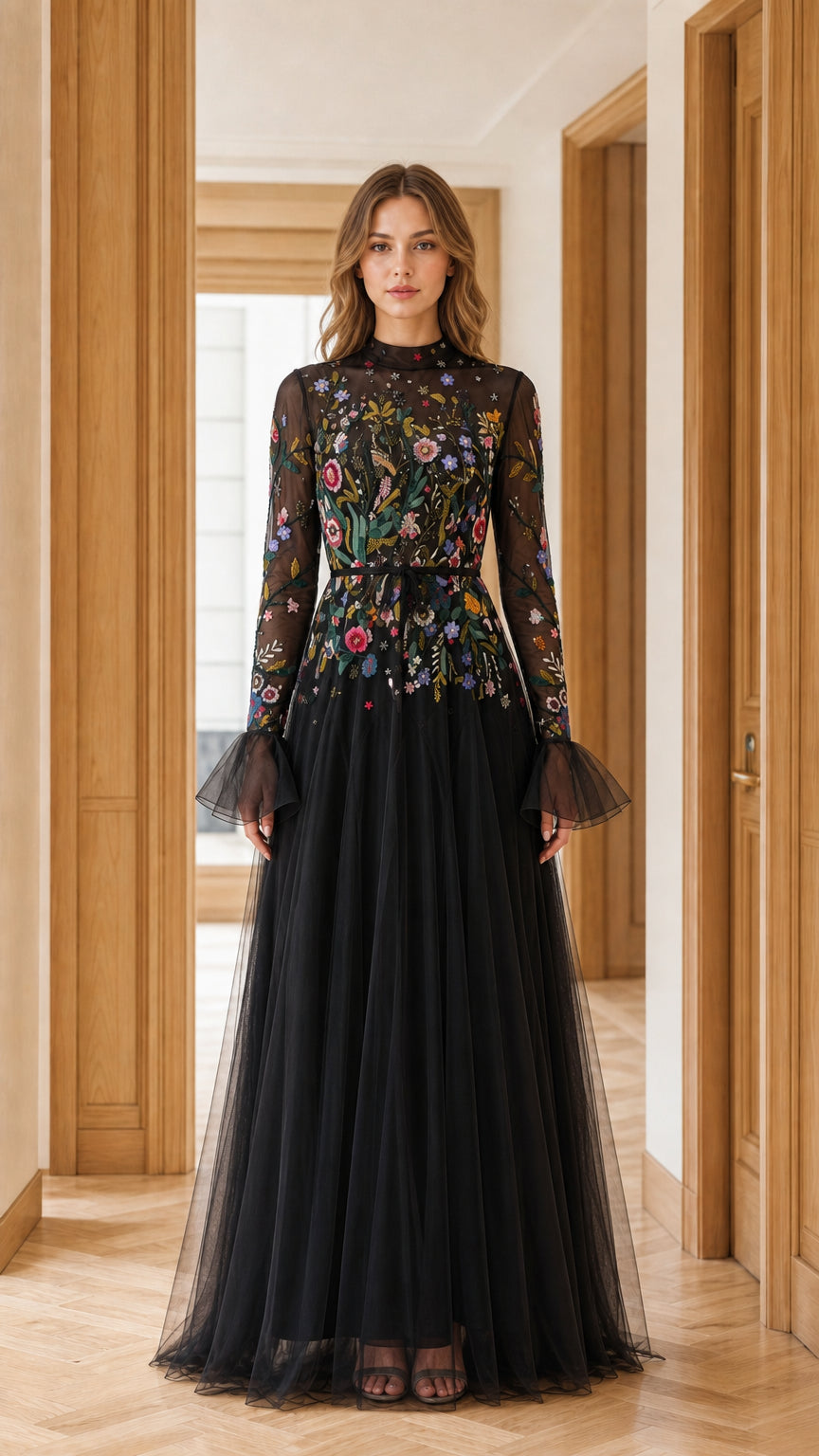 Front view of black long sleeve floral embroidered tulle maxi evening dress