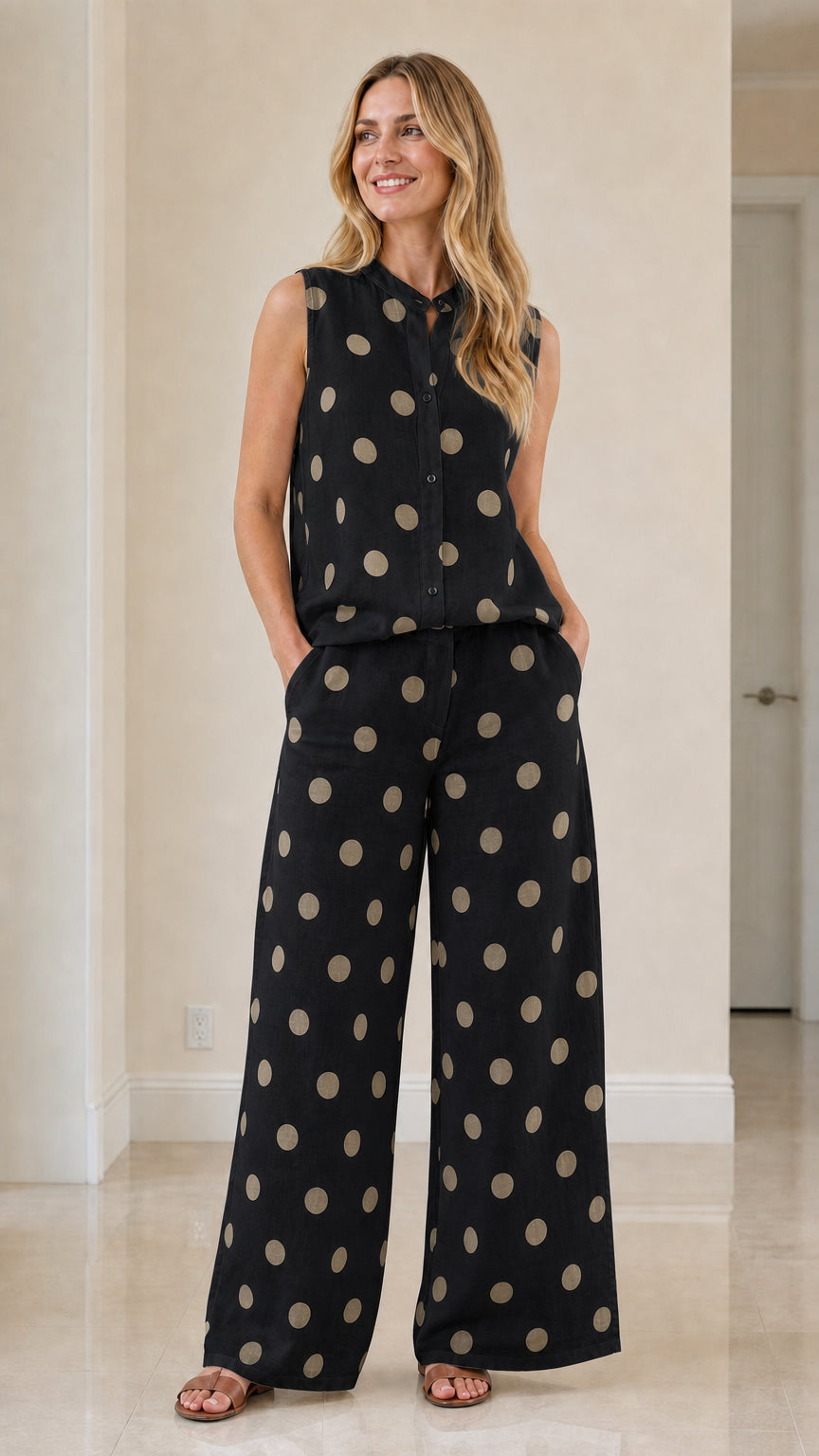 Woman wearing black polka dot two-piece set
