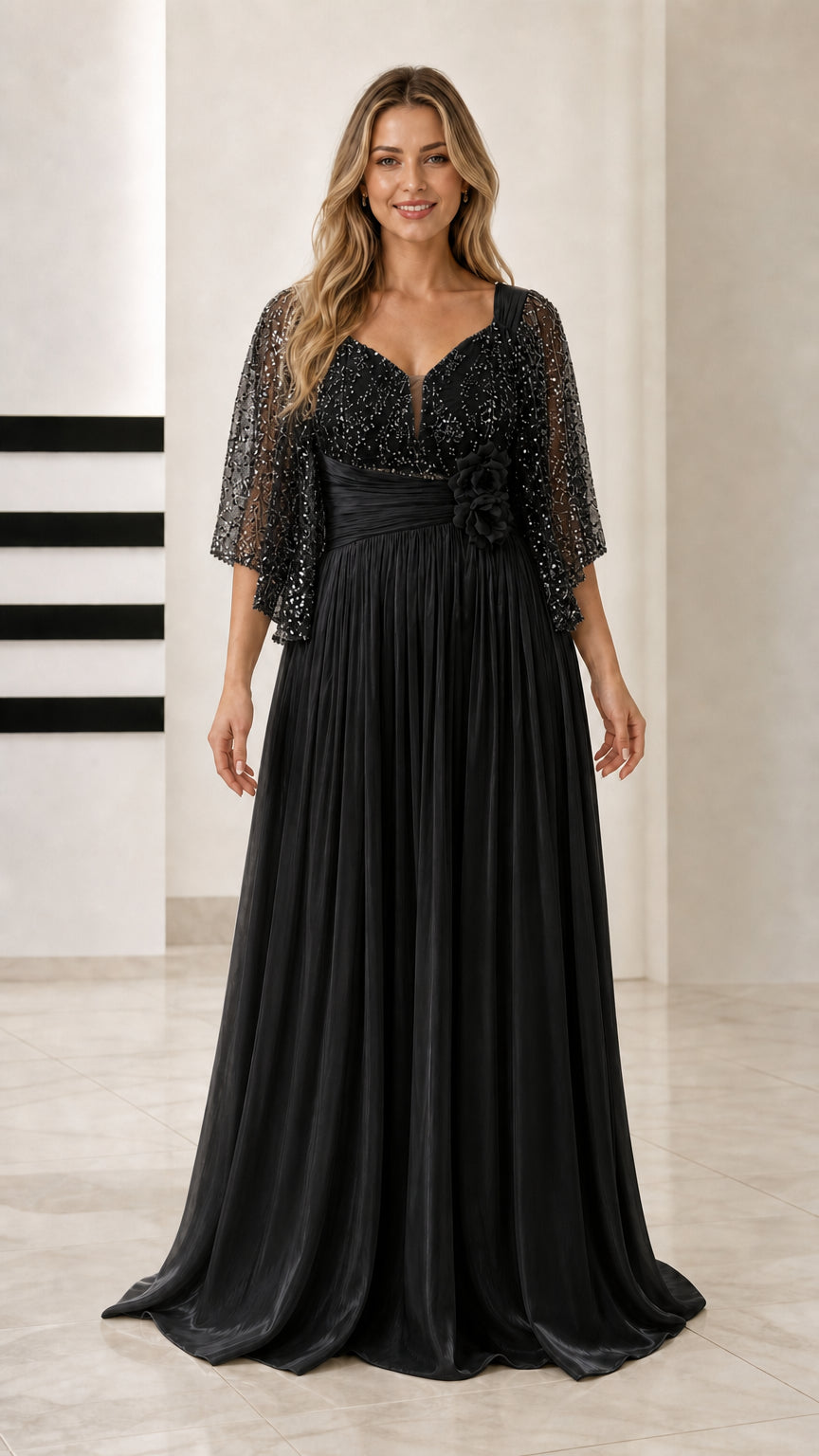 Front view of black sequin bodice flutter sleeve pleated evening maxi gown