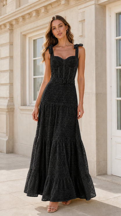 Front view of black lace tiered maxi dress