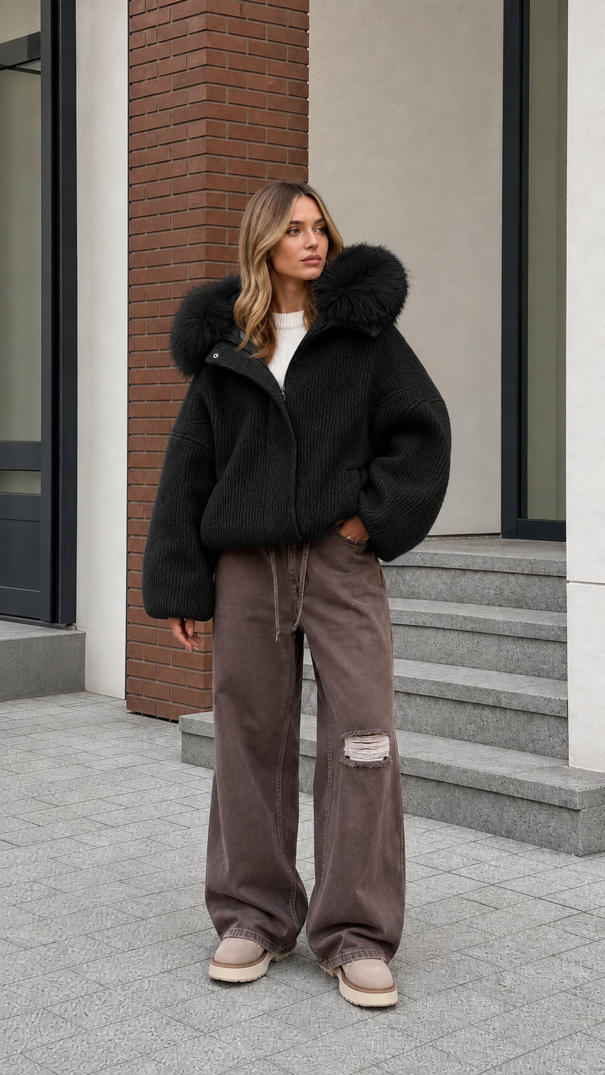Model wearing black faux fur hooded ribbed bomber jacket with brown wide leg jeans