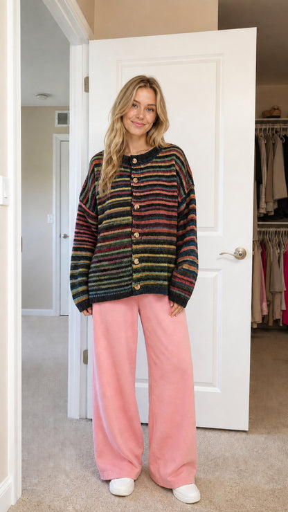 Front view of black-based striped cardigan variant