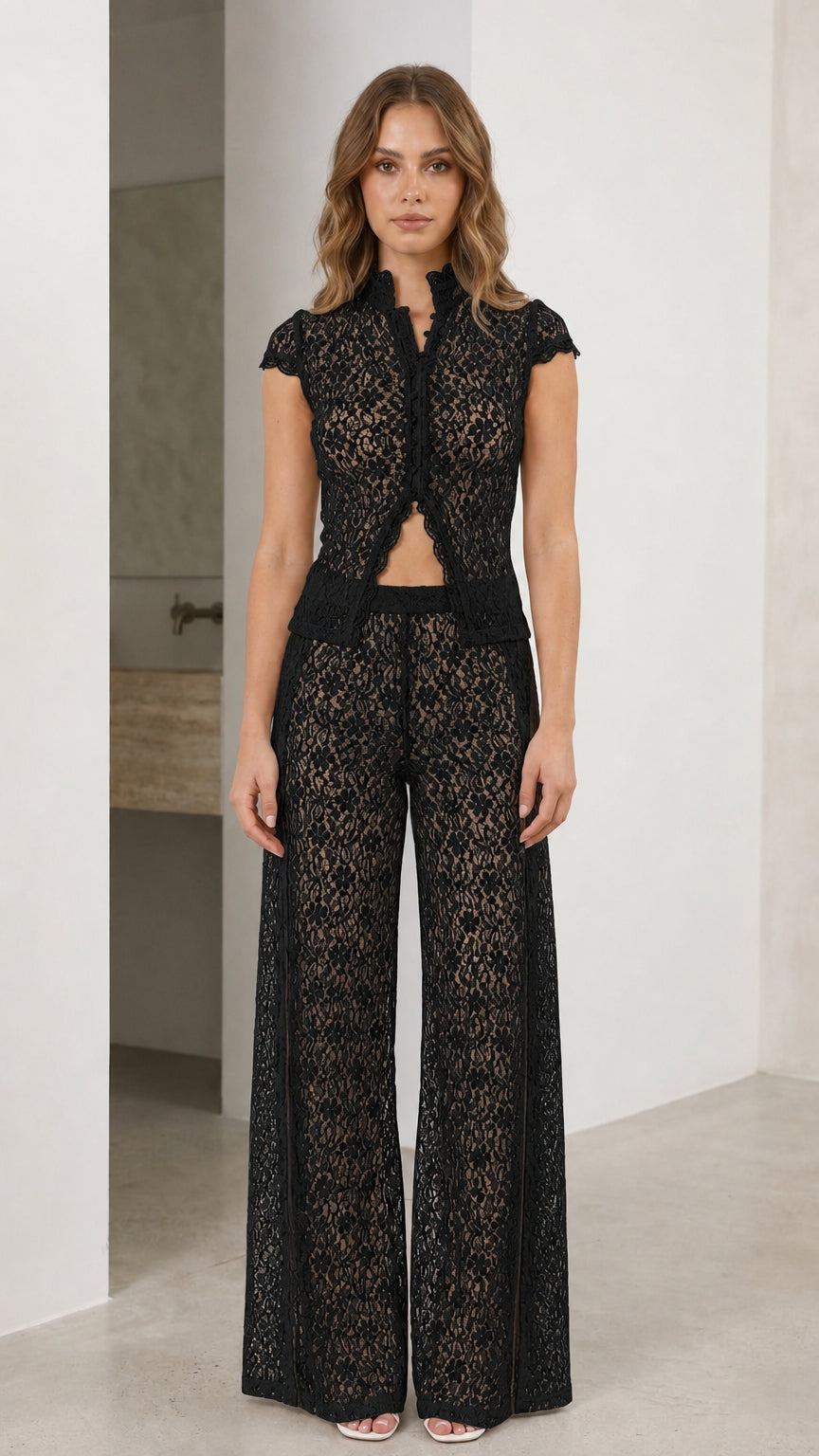 Full front view of black lace matching set