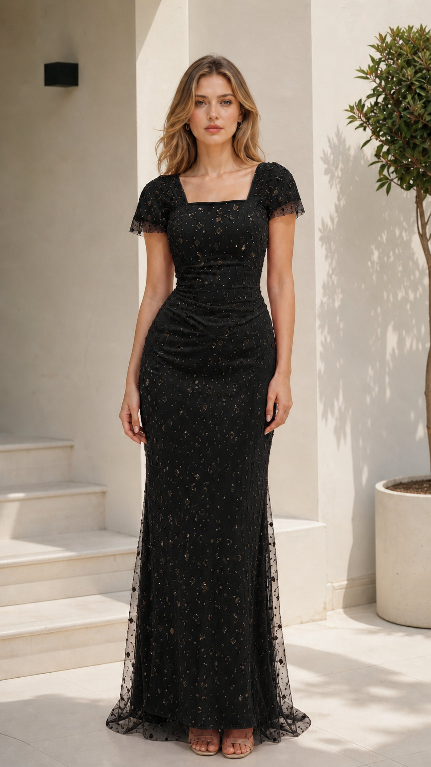 Front view of model wearing a classic black beaded mesh evening gown