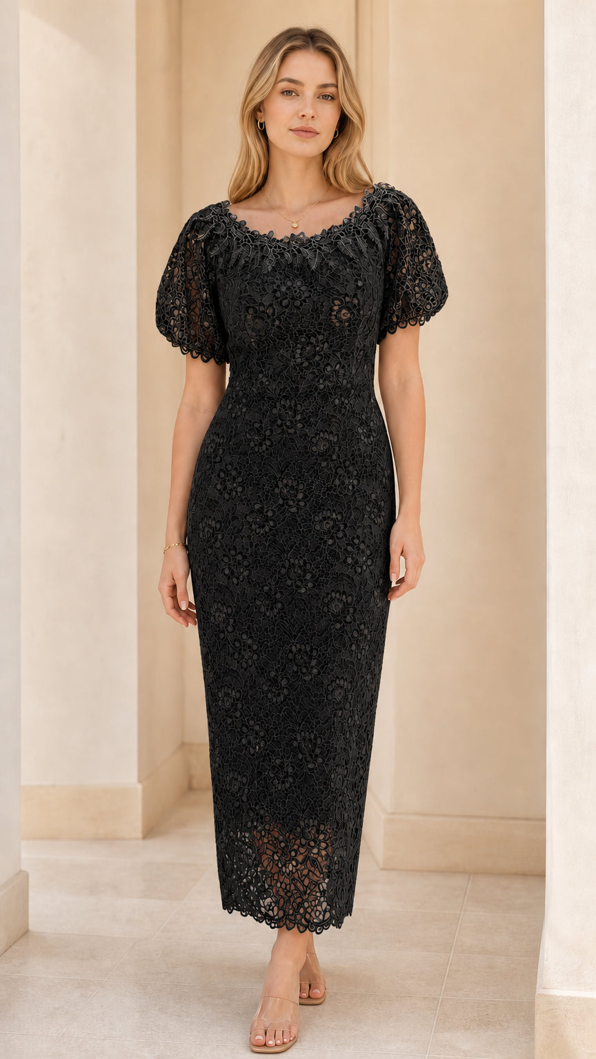 Front view of woman wearing black floral lace puff sleeve midi dress