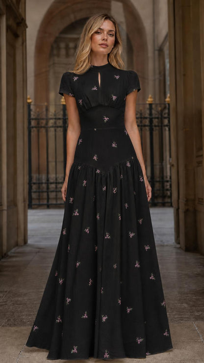 Front view of Black floral embroidered maxi dress