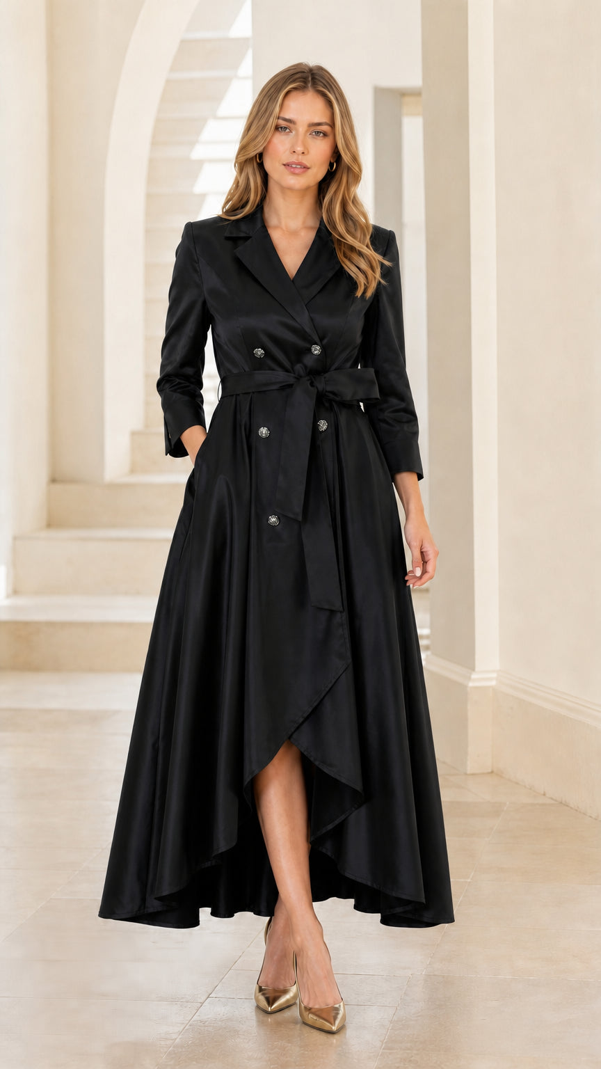 Front view of woman wearing black satin trench dress