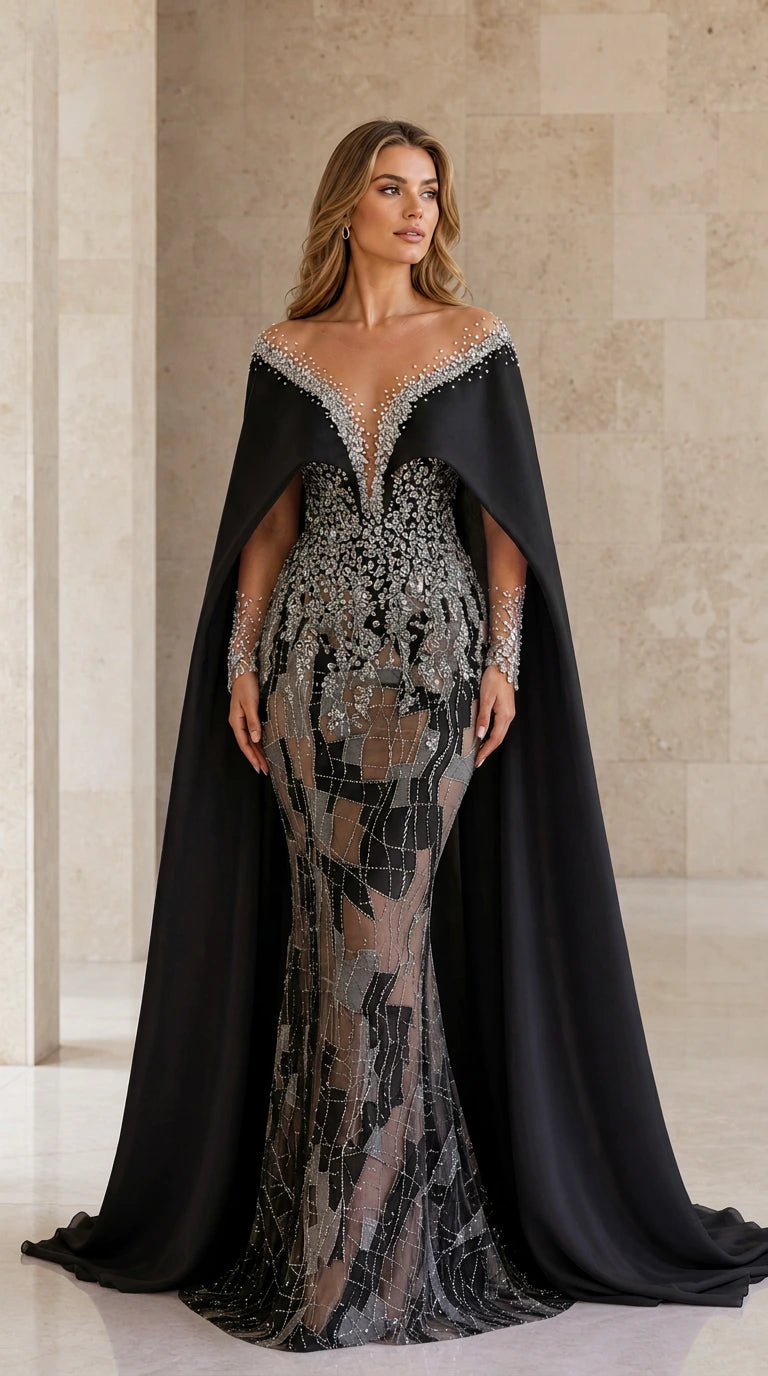 Front view of black crystal embellished evening gown with attached cape
