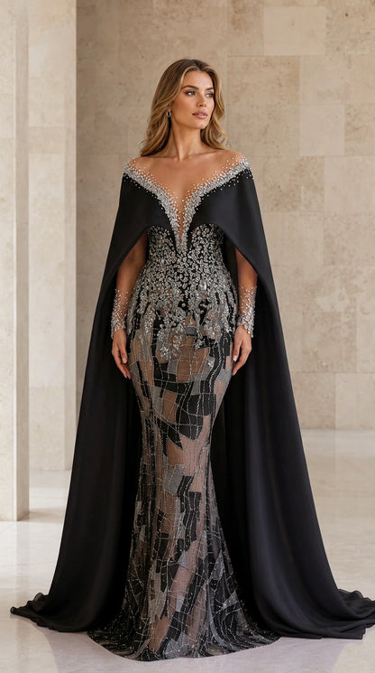 Front view of black crystal embellished evening gown with attached cape