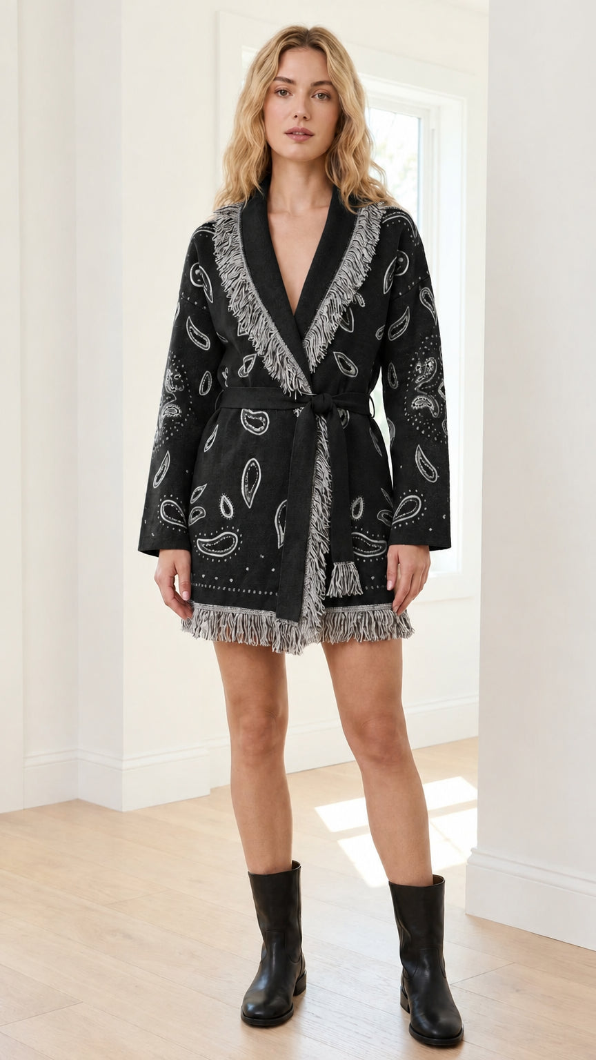 Model wearing black fringe knit cardigan