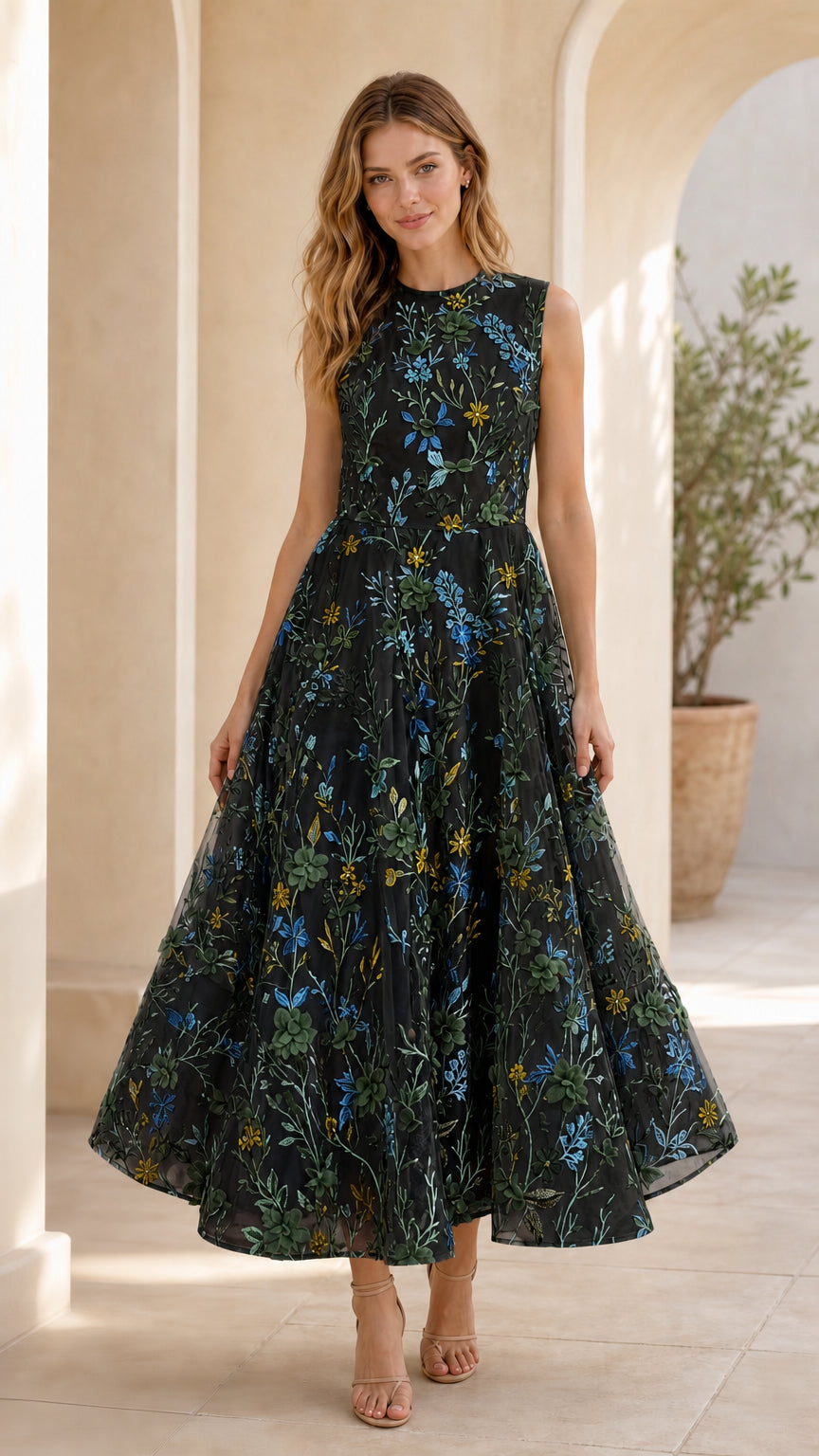 Black floral embroidered midi dress front view