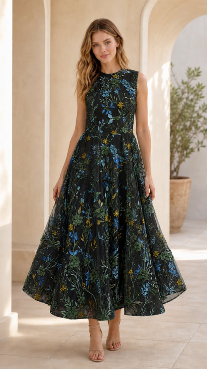 Black floral embroidered midi dress front view