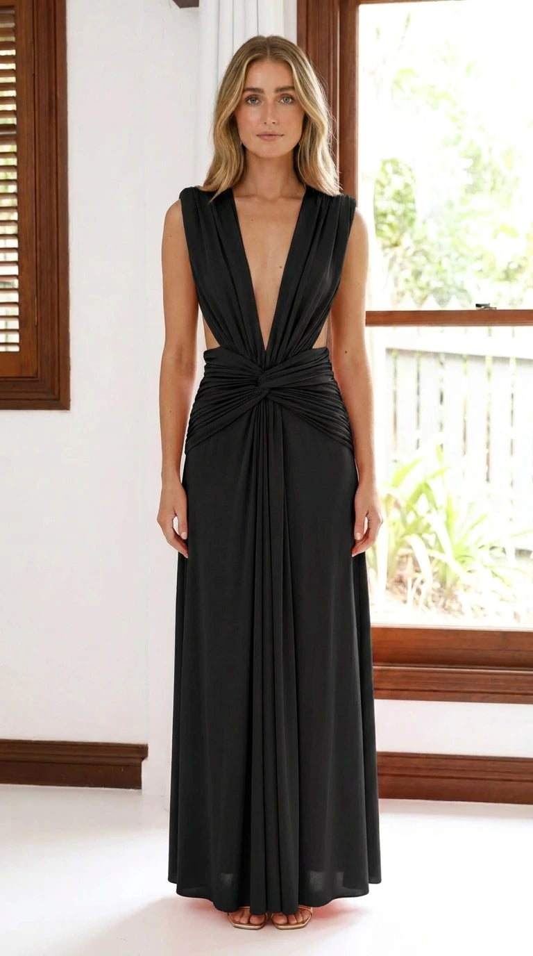 Front view of black deep plunge knot front maxi evening dress