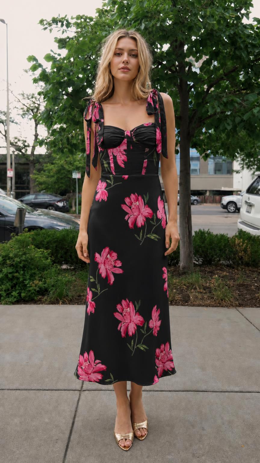Front view of black floral print tie-strap midi dress on model