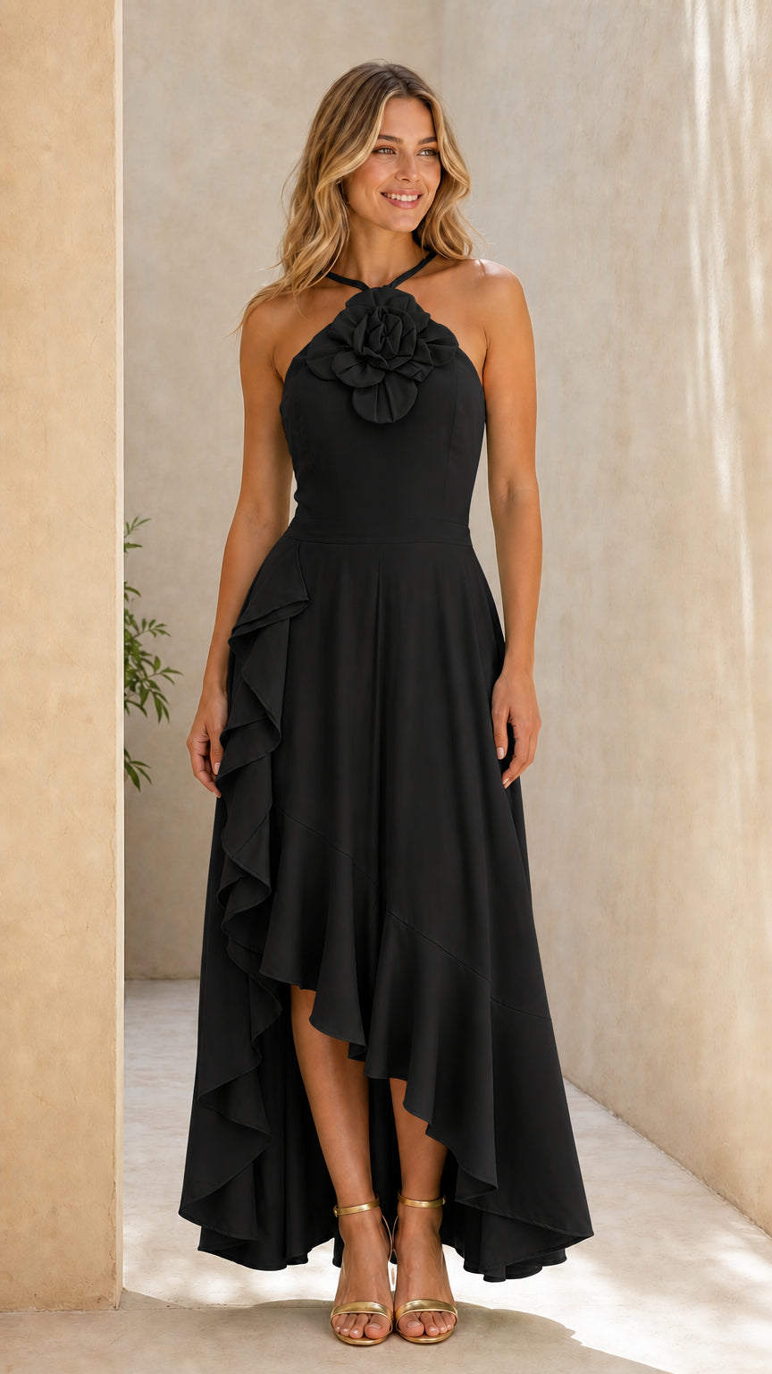 Front view of black halter neck 3D rosette high-low ruffle maxi dress