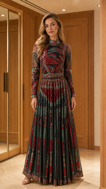 Black embellished long sleeve evening gown