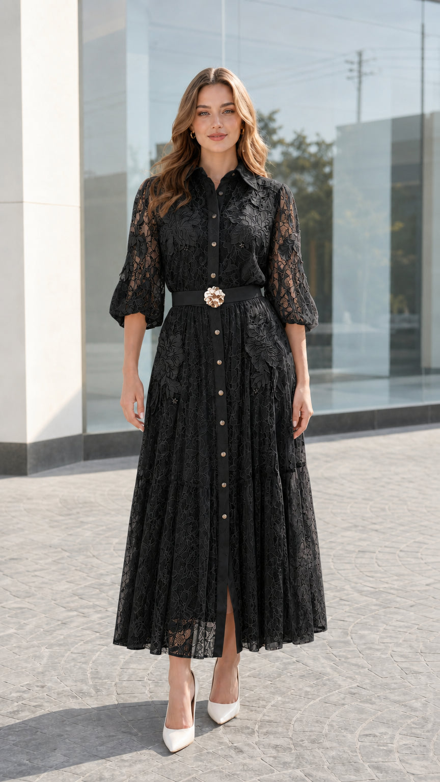 Front view of black floral lace button-down midi dress with matching floral belt
