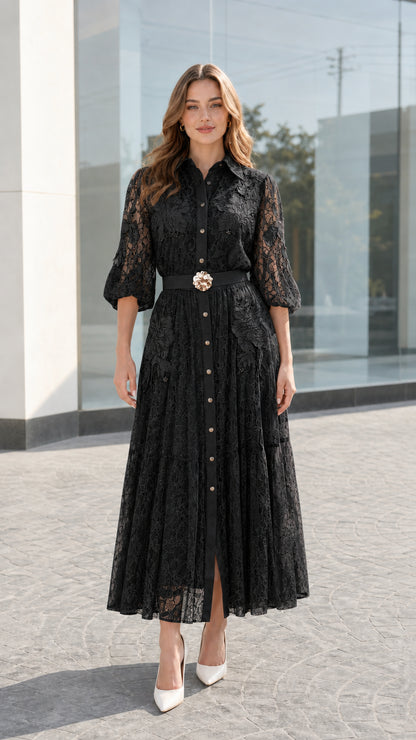 Front view of black floral lace button-down midi dress with matching floral belt