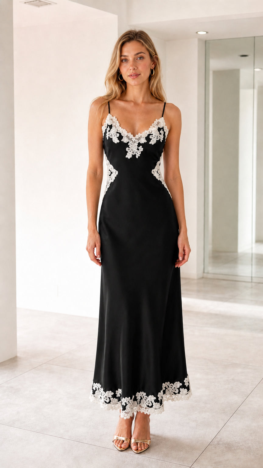 Black satin lace trim slip maxi dress
