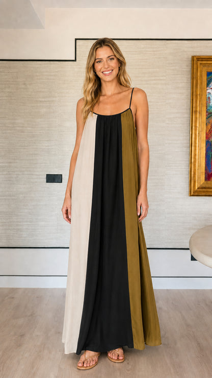 Front view of the black, ivory, and olive color-block spaghetti strap maxi dress