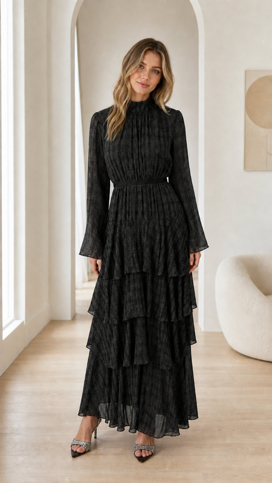 Black long sleeve mock neck tiered ruffle maxi dress on model