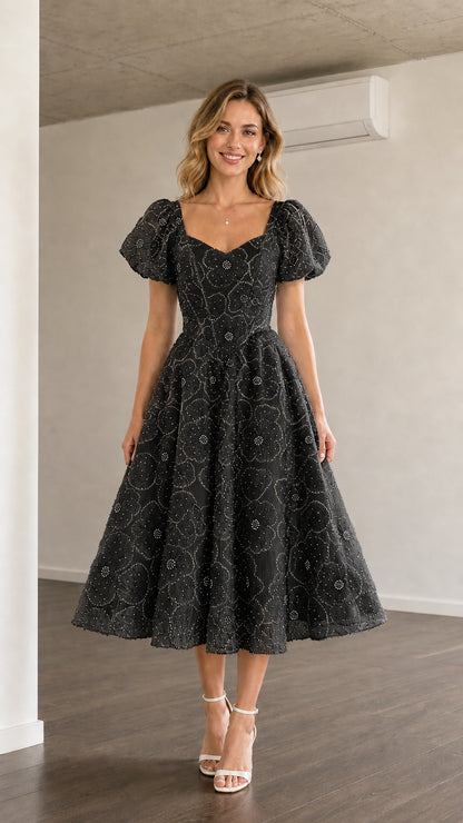 Front view of black puff sleeve midi dress
