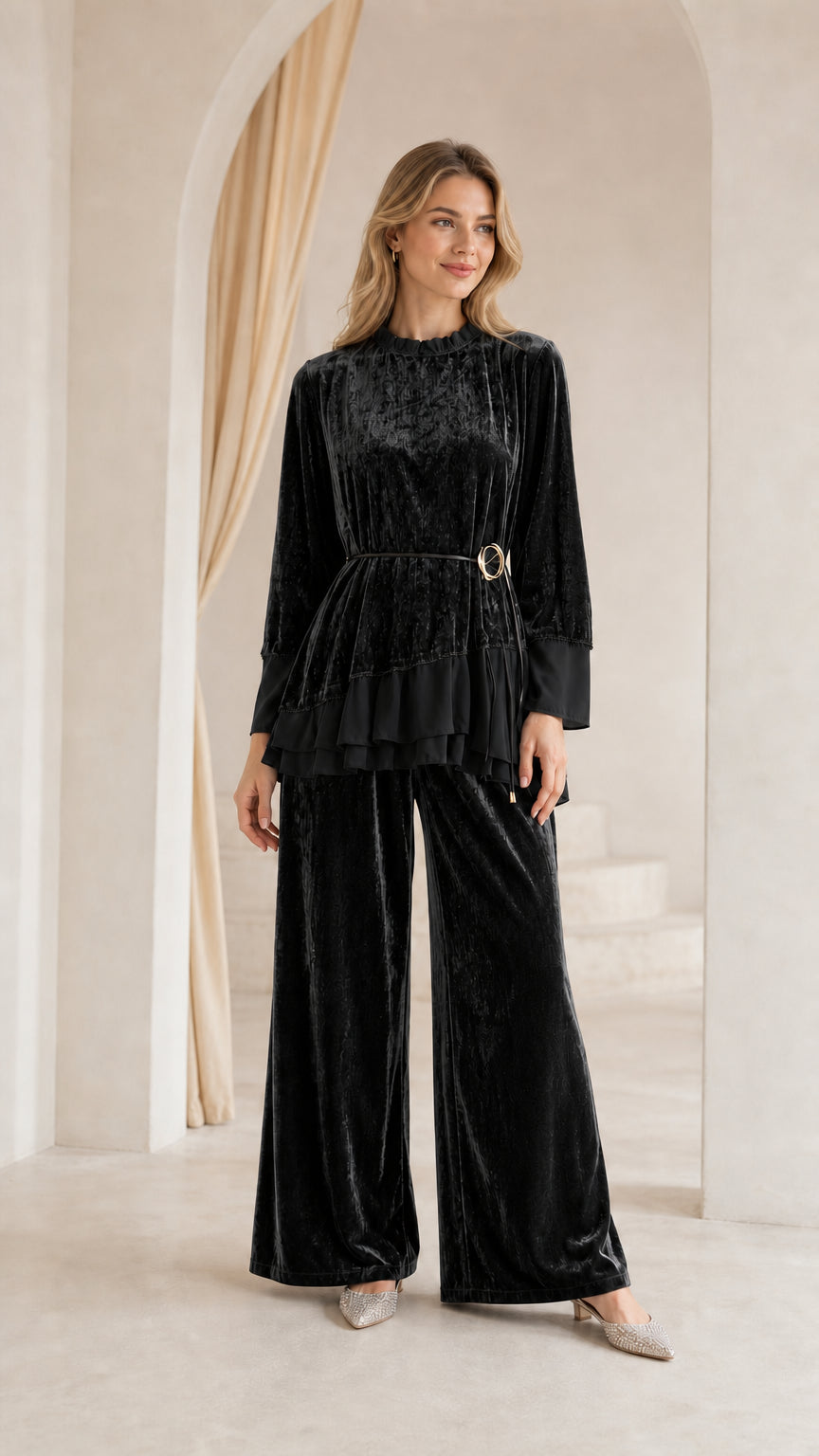 Front view of woman wearing black crushed velvet two-piece pant set