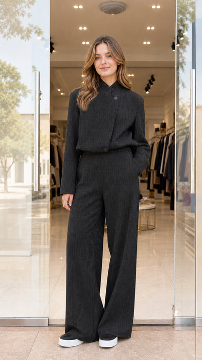 Front view of model wearing black cropped blazer and wide-leg suit set