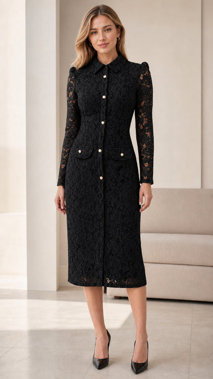 Full front view of black lace midi dress