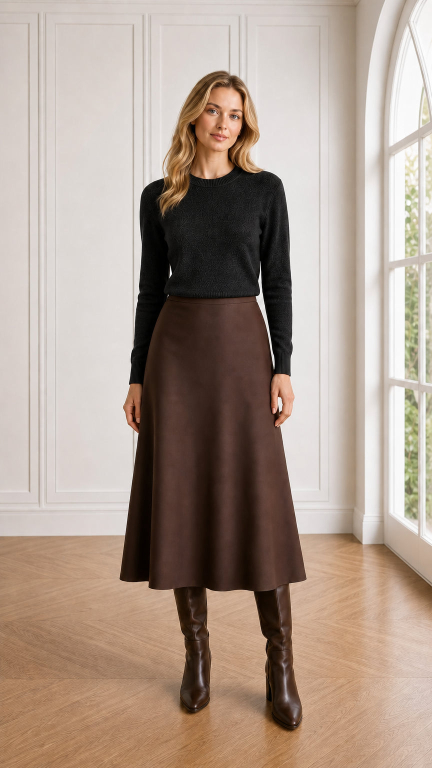 Model wearing black textured crewneck knit sweater with brown skirt